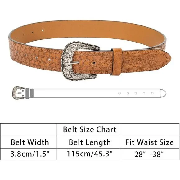 Women's Brown Adjustable Vintage Western Belts Engraved Buckle Cowgirl Belt - Picture 6 of 8
